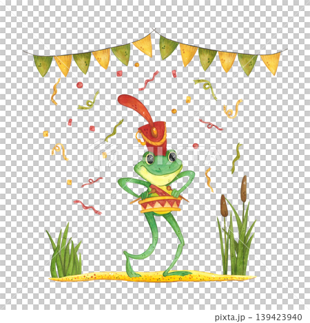 Festive illustration of a frog with a drum amidst confetti. Hand-drawn watercolor illustration, cartoon. Animal, card, invitation, confetti, reeds, sand, flags, garland, music Festive illustration of a frog with a drum amidst confetti. Hand-drawn watercolor illustration, cartoon. Animal, card, invitation, confetti, reeds, sand, flags, garland, music 139423940