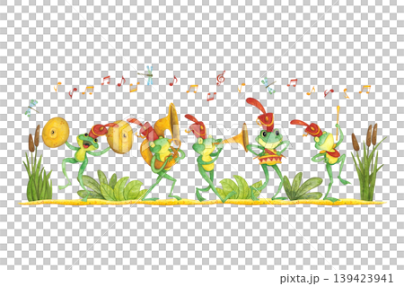 Festive composition featuring a parade of frogs playing musical instruments. Hand-drawn watercolor illustration, cartoon. Animal, card, invitation, reeds, sand, sheet music, garland, music, orchestra 139423941