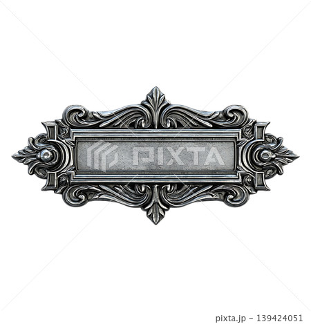 Ornate silver nameplate with blank space on transparent background 139424051