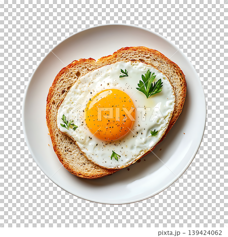 SunnySideUp Egg on Toast Garnished with Parsley on transparent background 139424062