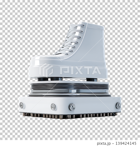 Glossy white hightop sneaker sculpture on futuristic base on transparent background Glossy white hightop sneaker sculpture on futuristic base on transparent background 139424145