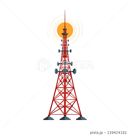 Red Communication Tower with Antenna Radiating Signal on transparent background 139424182