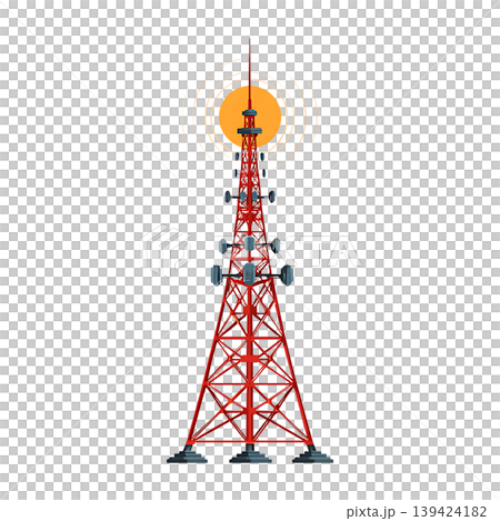 Red Communication Tower with Antenna Radiating Signal on transparent background 139424182