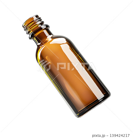 Amber glass bottle for essential oils, tilted, on transparent background 139424217