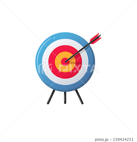 Colorful Bullseye Target with Arrow Hitting Center on Stand on transparent background Colorful Bullseye Target with Arrow Hitting Center on Stand on transparent background 139424251