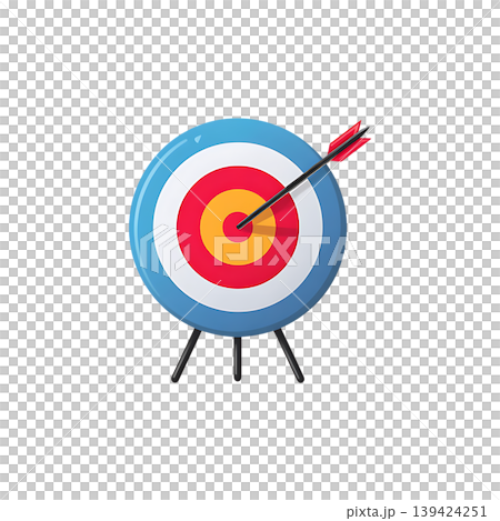 Colorful Bullseye Target with Arrow Hitting Center on Stand on transparent background 139424251