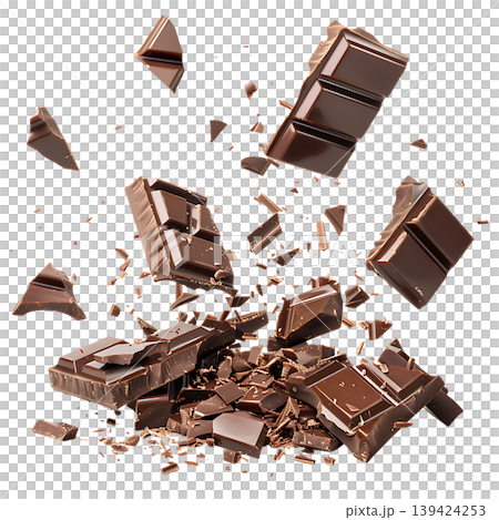 Dark Chocolate Bar Pieces and Crumbs Flying on transparent background 139424253