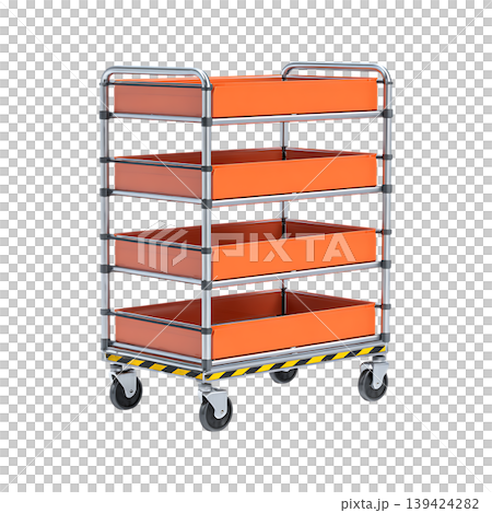 Orange fourtray industrial cart on wheels on transparent background Orange fourtray industrial cart on wheels on transparent background 139424282