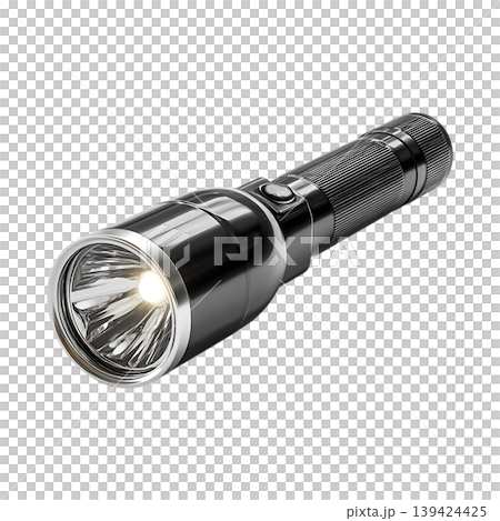 Lit metal flashlight with textured handle on transparent background Lit metal flashlight with textured handle on transparent background 139424425