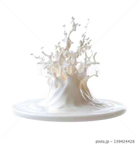 Milk splash with droplets on a circular base on transparent background 139424428