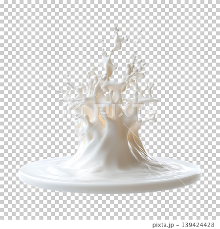 Milk splash with droplets on a circular base on transparent background 139424428