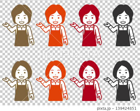 [髪型違い] 「こちら」と指し示すエプロンの女性のアイコン。その2 139424851