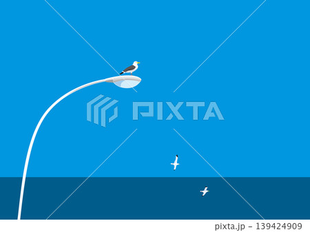 カモメと電灯と青空と水平線のイラスト カモメと電灯と青空と水平線のイラスト 139424909