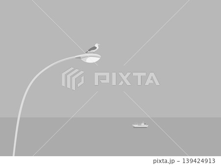 カモメと電灯と霧雨のイラスト カモメと電灯と霧雨のイラスト 139424913