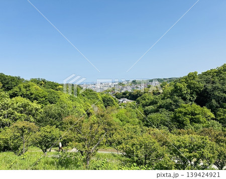 新緑の丘陵から望む住宅街と青空のパノラマ風景｜自然と都市が調和する郊外の景観 139424921