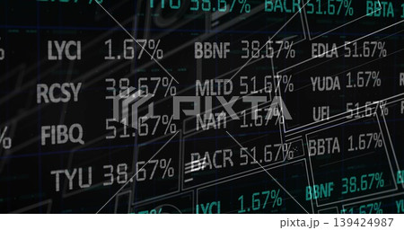Displaying financial dashboard on screen, with stock tickers, percentages and wireframe rectangles Displaying financial dashboard on screen, with stock tickers, percentages and wireframe rectangles 139424987