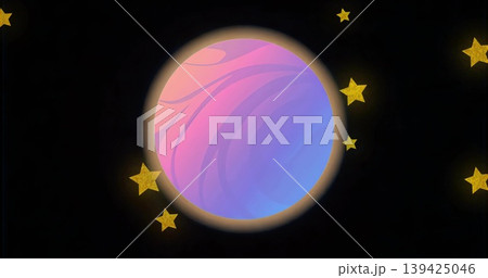 Floating pastel gradient sphere swirling pink and blue in cosmic void, with glowing golden stars Floating pastel gradient sphere swirling pink and blue in cosmic void, with glowing golden stars 139425046
