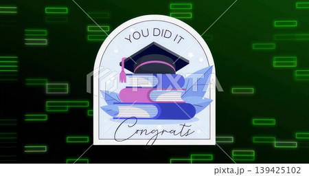 Featuring arched frame highlighting YOU DID IT on dark background, with graduation cap and books 139425102