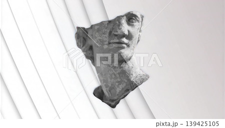 Floating grayscale marble bust head sculpture in studio, with diagonal panels and light gradient 139425105