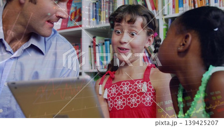Pointing teacher in blue shirt guiding students in library near books, tablet and chart overlay Pointing teacher in blue shirt guiding students in library near books, tablet and chart overlay 139425207