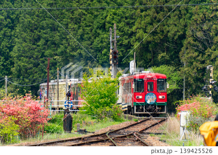 明智鉄道・寒天列車（4両編成）が岩村駅を走る山間の風景 139425526