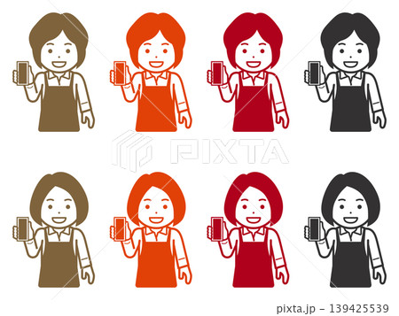 [髪型違い] スマホの画面を見せるエプロンの女性のアイコン。その2 139425539