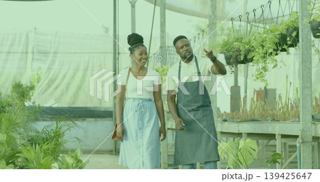 Walking man in apron and customer wearing light blue skirt inside greenhouse, with hanging plants Walking man in apron and customer wearing light blue skirt inside greenhouse, with hanging plants 139425647