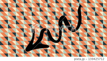 Displaying large black curved arrow spanning graphic art, highlighting chevron-style triangle motif Displaying large black curved arrow spanning graphic art, highlighting chevron-style triangle motif 139425712