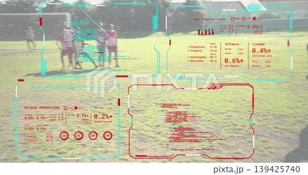Standing adult soccer players clustering at community field, with bibs, goal net and digital HUD 139425740