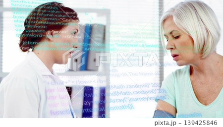Doctor wearing coat measuring senior woman blood pressure in clinic, stethoscope cuff copy space Doctor wearing coat measuring senior woman blood pressure in clinic, stethoscope cuff copy space 139425846