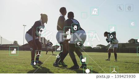crouching rugby squad wearing jerseys white shorts socks and cleats on grass, showcasing data icons crouching rugby squad wearing jerseys white shorts socks and cleats on grass, showcasing data icons 139425930