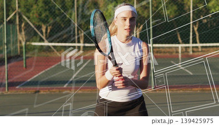Standing tennis player wearing white top and black skirt gripping racket on outdoor court, with net Standing tennis player wearing white top and black skirt gripping racket on outdoor court, with net 139425975