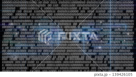 Scrolling binary digits pattern covering digital display, showing grid lines and bluish streaks 139426105