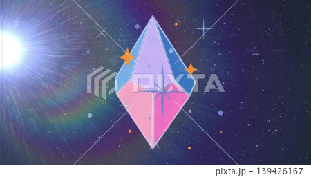 Floating stylized faceted crystal drifting in star-filled cosmic backdrop, with rainbow lens flare Floating stylized faceted crystal drifting in star-filled cosmic backdrop, with rainbow lens flare 139426167
