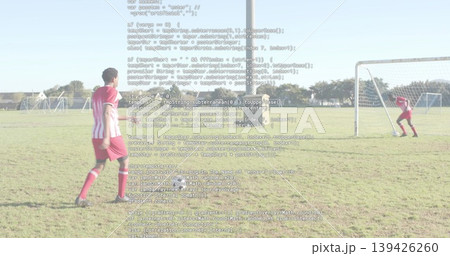 Charging soccer player in red kit on community field, with goal net, code overlay, copy space 139426260