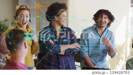 Collaborating five coworkers brainstorming project in modern office, with laptops and code overlay Collaborating five coworkers brainstorming project in modern office, with laptops and code overlay 139426703