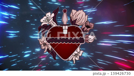 Showcasing stylized red heart, rope, dagger, flowers and streaking light rays on digital canvas 139426730