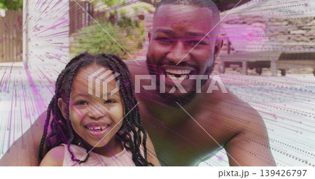 Smiling shirtless father and daughter in swimsuit leaning on backyard pool edge, with potted plants Smiling shirtless father and daughter in swimsuit leaning on backyard pool edge, with potted plants 139426797