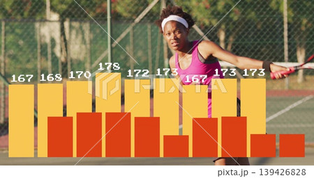 Swinging player holding racket wearing pink top on outdoor tennis court with bar chart overlay 139426828
