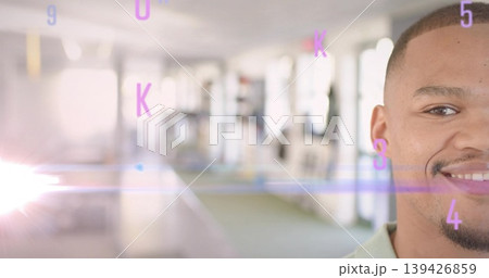 Smiling man wearing collared shirt in office corridor with purple overlays, lens flare, copy space Smiling man wearing collared shirt in office corridor with purple overlays, lens flare, copy space 139426859