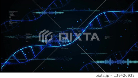 Displaying glowing blue DNA helix flowing across virtual data display, with waveform bars and code 139426935