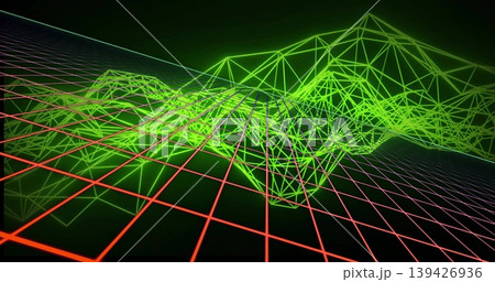 Glowing wireframe terrain rising in dark void toward vanishing point, with red grid and green mesh Glowing wireframe terrain rising in dark void toward vanishing point, with red grid and green mesh 139426936