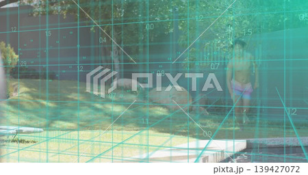 Standing shirtless man in pink trunks surveying backyard pool with teal grid overlay, copy space Standing shirtless man in pink trunks surveying backyard pool with teal grid overlay, copy space 139427072