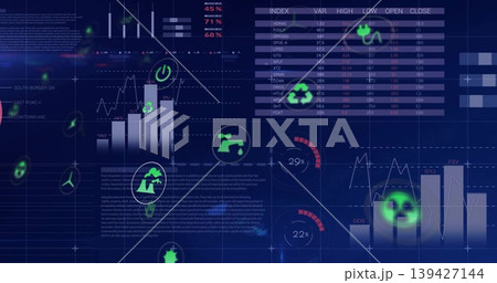 Displaying navy-blue data HUD presenting vertical bar charts, line plots, gauges, neon green icons 139427144