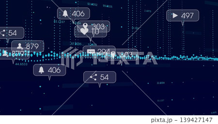 Displaying cyan or teal data band on navy analytics UI, with faint callouts showing icons and counte 139427147