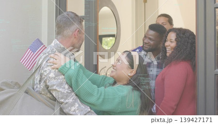 Greeting service member in camo uniform at home doorway woman hugging duffel with flag, copy space Greeting service member in camo uniform at home doorway woman hugging duffel with flag, copy space 139427171