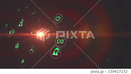 Glowing neon icons moving toward red flare in dark void, showing CO2, factory, wind, power, euro Glowing neon icons moving toward red flare in dark void, showing CO2, factory, wind, power, euro 139427232