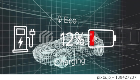Displaying centered wireframe coupe showing 12% battery, plug icon, Eco label in virtual tunnel Displaying centered wireframe coupe showing 12% battery, plug icon, Eco label in virtual tunnel 139427237