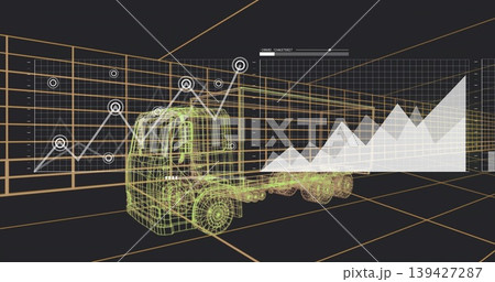 Rendering neon wireframe semi-truck in CAD, showing orange grid, polyline chart, HUD slider 139427287