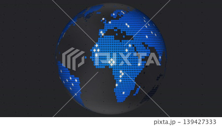 Dominating stylized globe showing Africa, Europe, Mideast in digital studio, with white data nodes Dominating stylized globe showing Africa, Europe, Mideast in digital studio, with white data nodes 139427333
